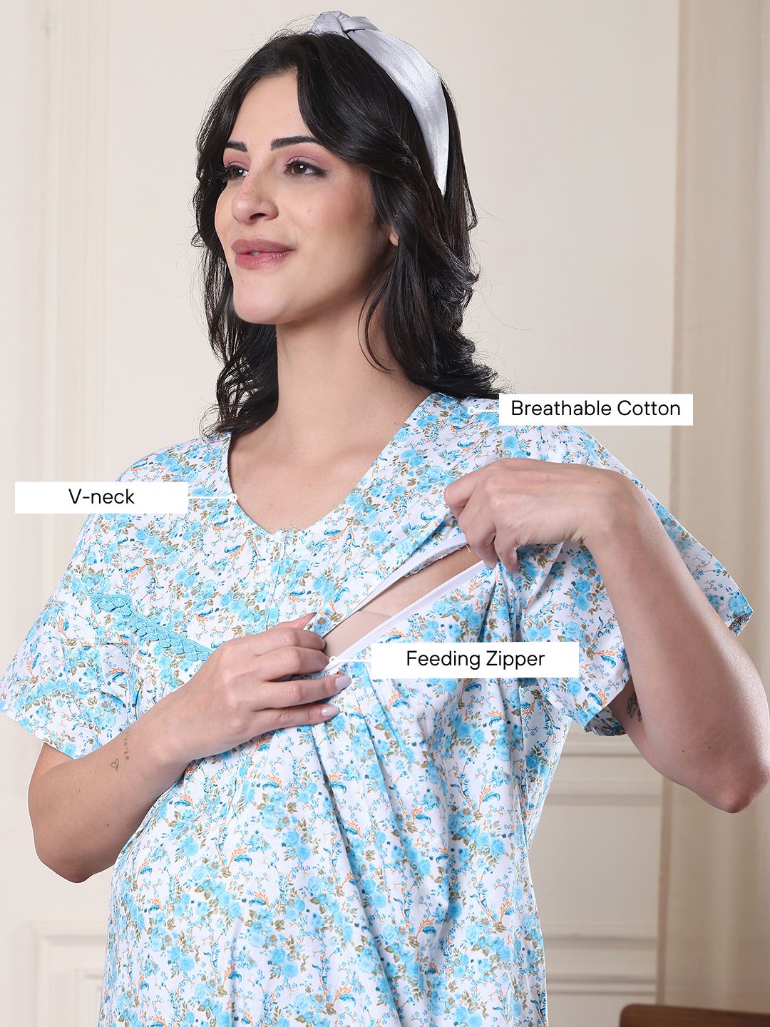 Blue Floral Pure Cotton Maternity Nighty