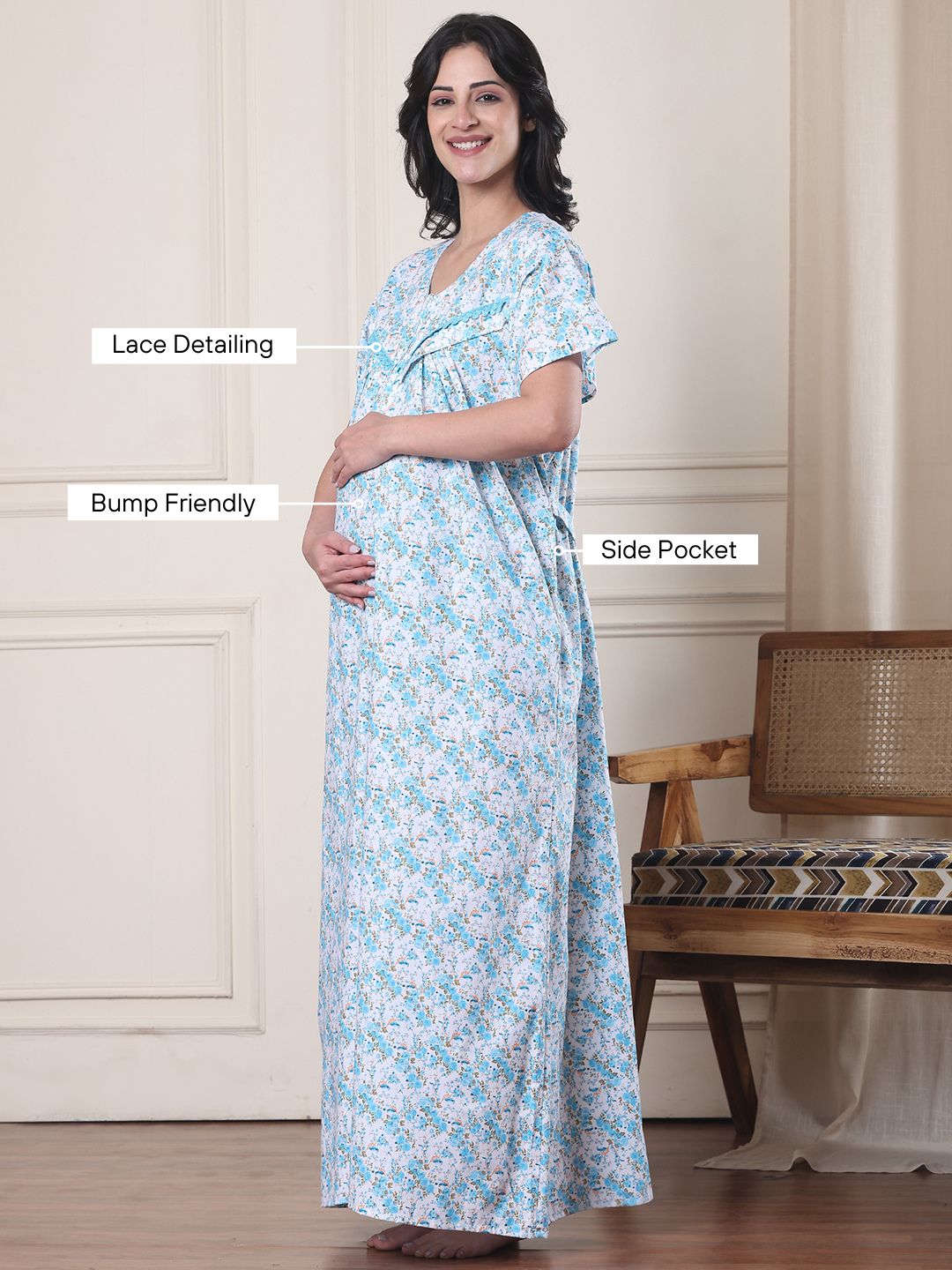 Blue Floral Pure Cotton Maternity Nighty
