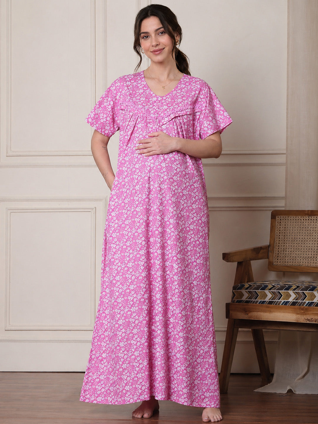Pink Floral Pure Cotton Maternity Nighty