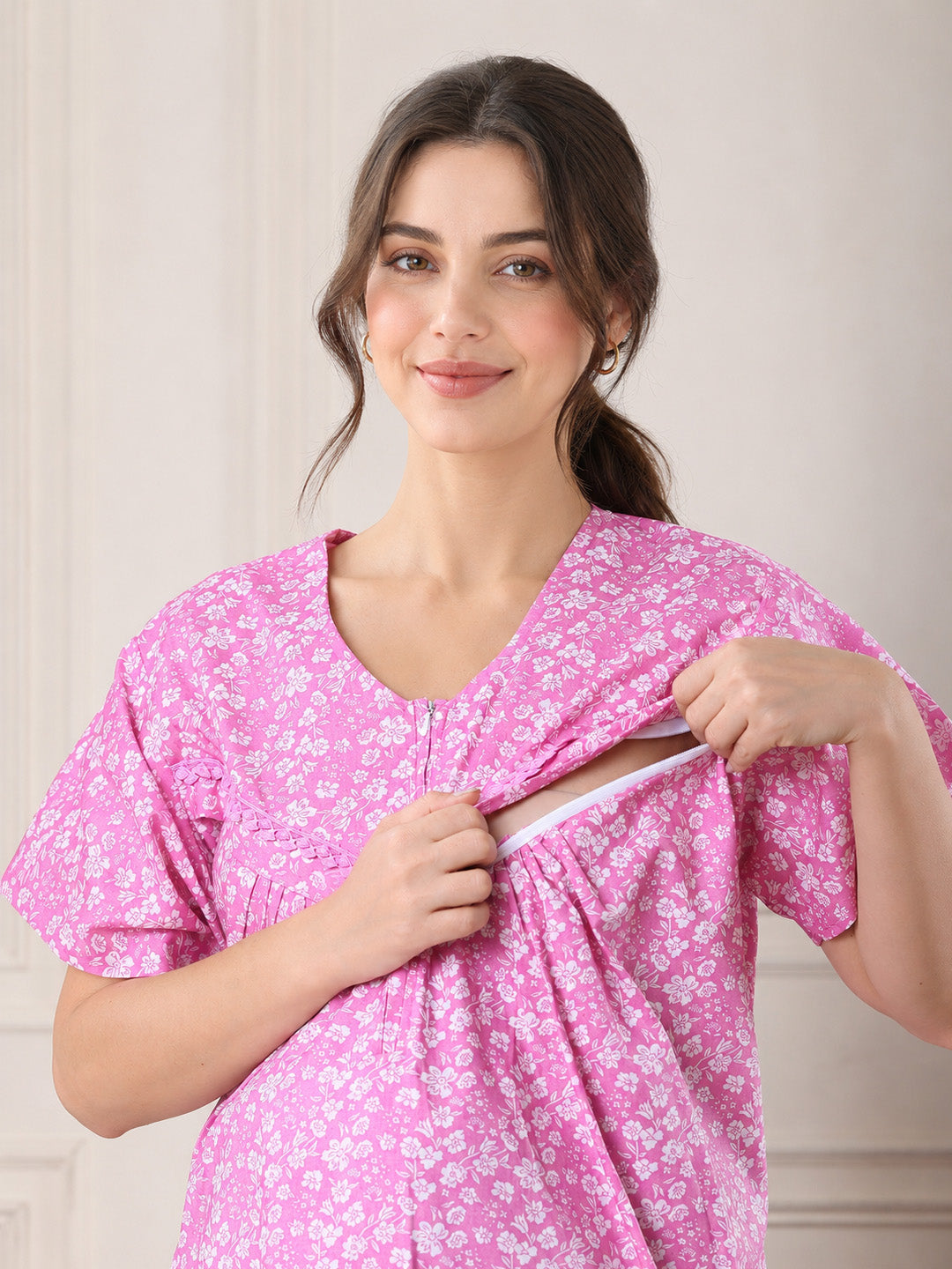 Pink Floral Pure Cotton Maternity Nighty