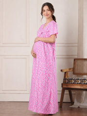 Pink Floral Pure Cotton Maternity Nighty