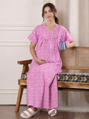 Pink Floral Pure Cotton Maternity Nighty