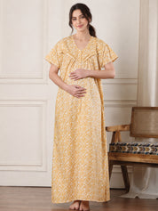Yellow Floral Pure Cotton Maternity Nighty