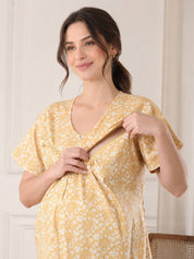 Yellow Floral Pure Cotton Maternity Nighty
