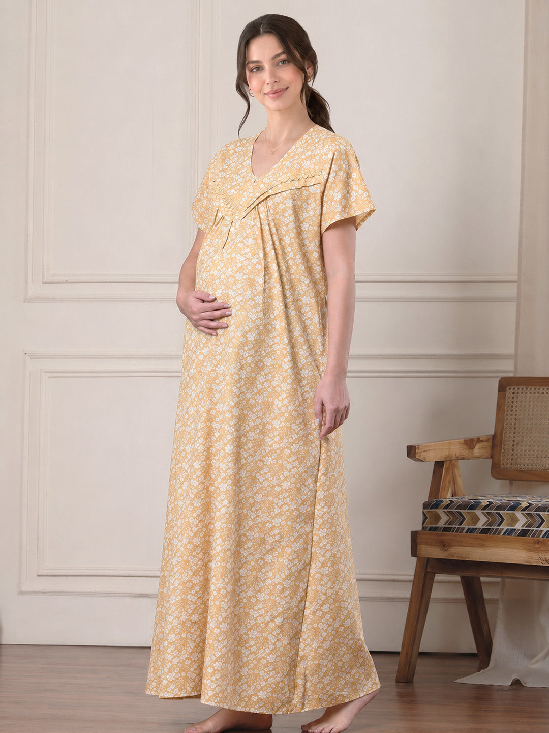 Yellow Floral Pure Cotton Maternity Nighty