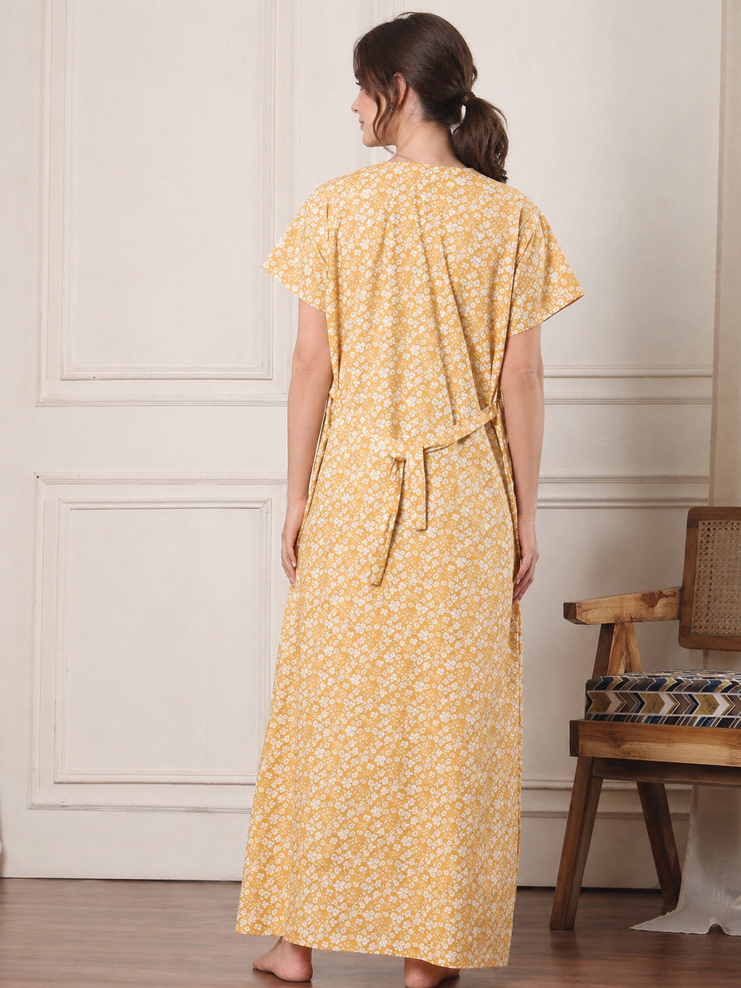 Yellow Floral Pure Cotton Maternity Nighty