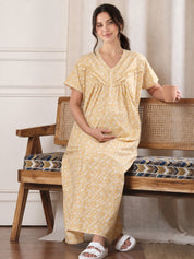 Yellow Floral Pure Cotton Maternity Nighty