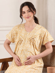 Yellow Floral Pure Cotton Maternity Nighty