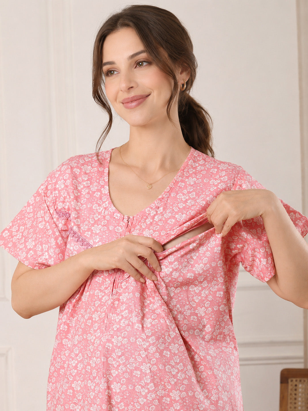 Peach Floral Pure Cotton Maternity Nighty