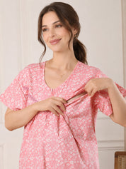 Peach Floral Pure Cotton Maternity Nighty