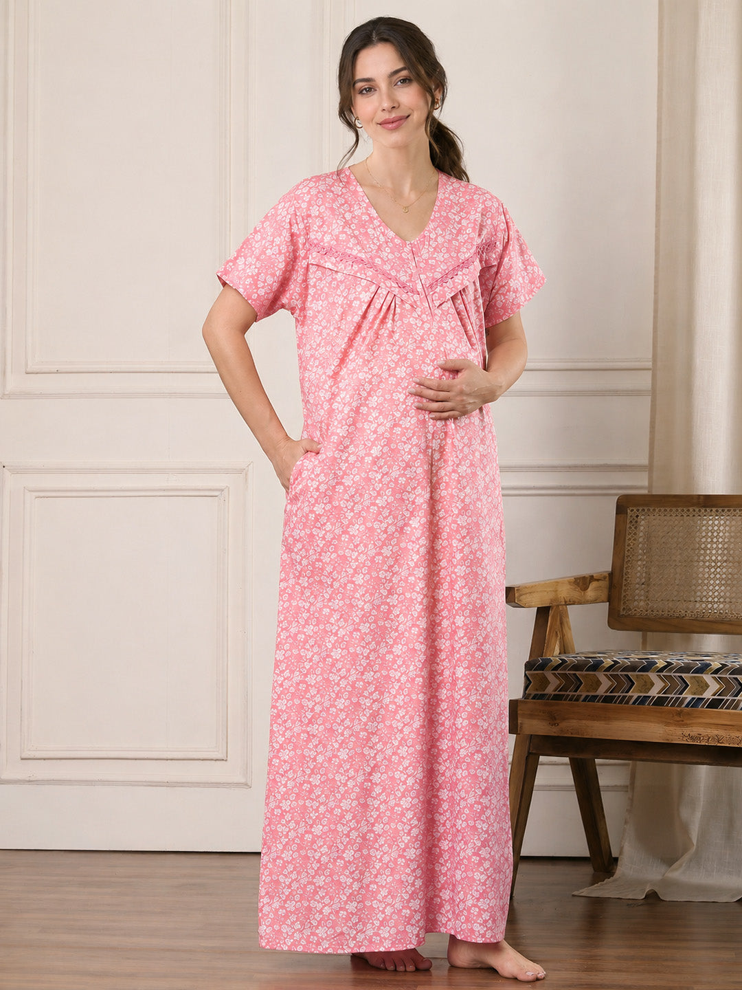 Peach Floral Pure Cotton Maternity Nighty