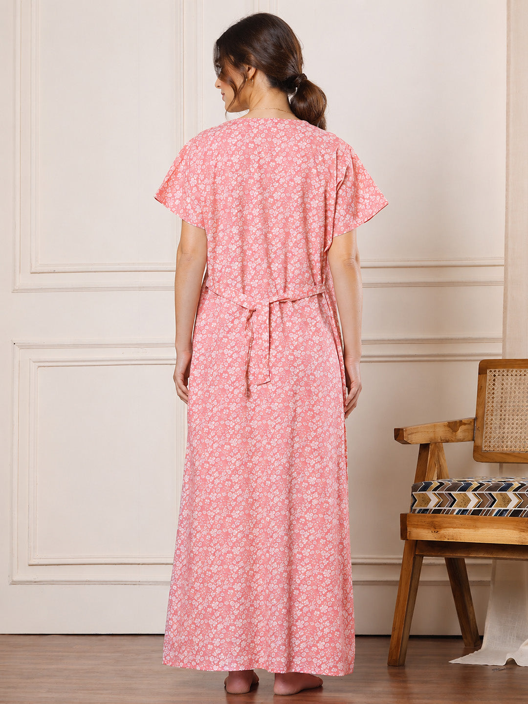 Peach Floral Pure Cotton Maternity Nighty