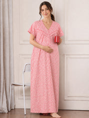Peach Floral Pure Cotton Maternity Nighty