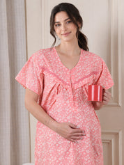 Peach Floral Pure Cotton Maternity Nighty