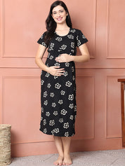 Floral Black Hosiery Short Maternity Feeding Nighty