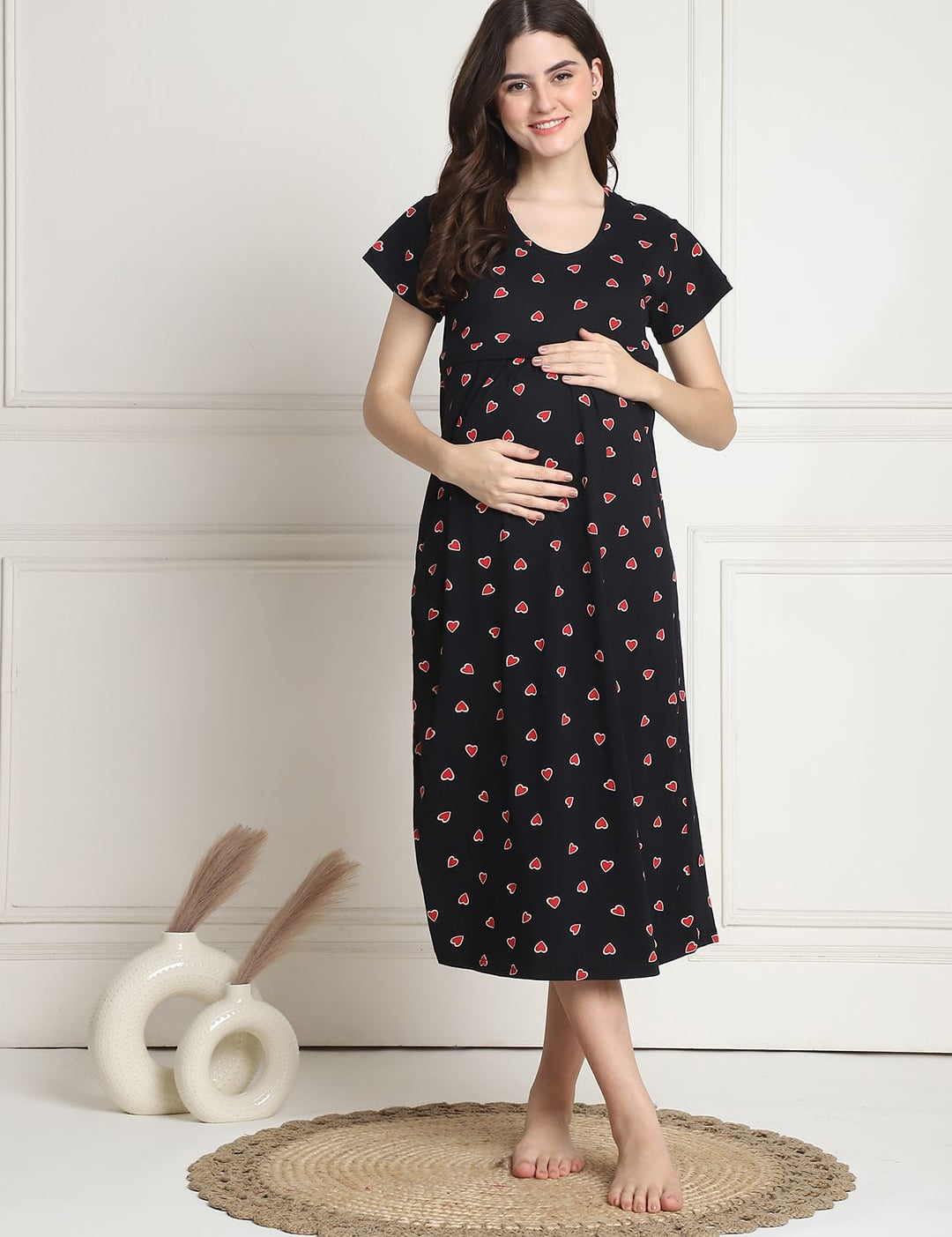 Printed Black Hosiery Short Maternity Feeding Nighty