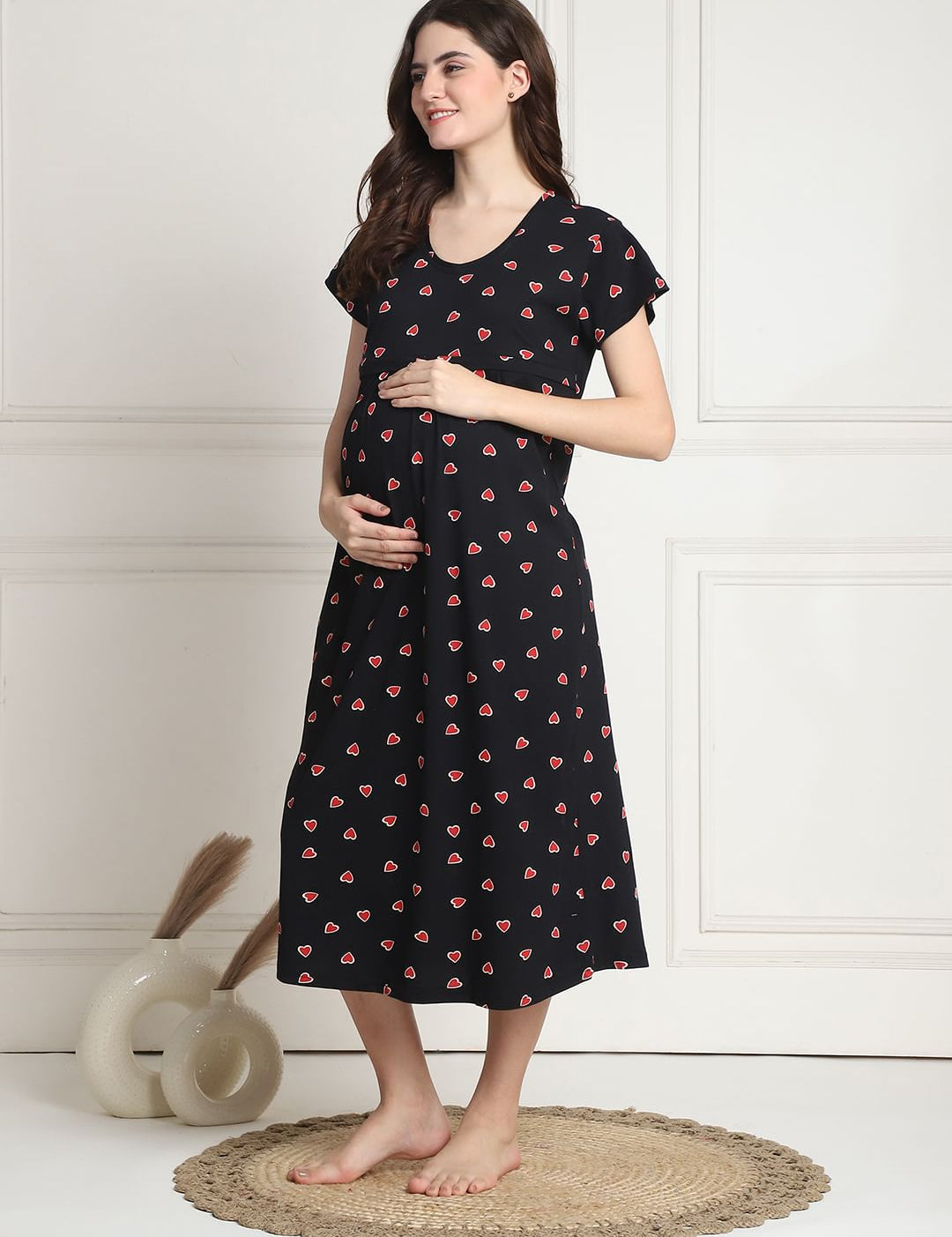 Printed Black Hosiery Short Maternity Feeding Nighty