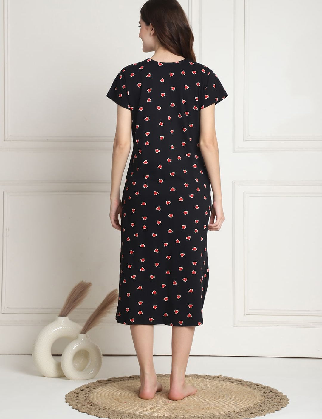 Printed Black Hosiery Short Maternity Feeding Nighty