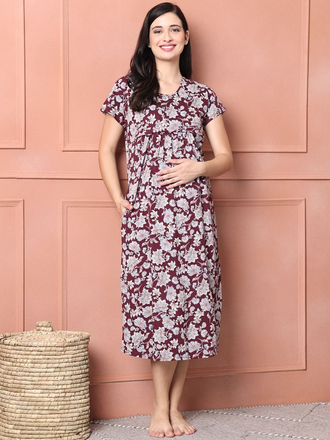 Floral Maroon Hosiery Short Maternity Feeding Nighty