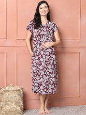 Floral Maroon Hosiery Short Maternity Feeding Nighty