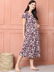 Floral Maroon Hosiery Short Maternity Feeding Nighty