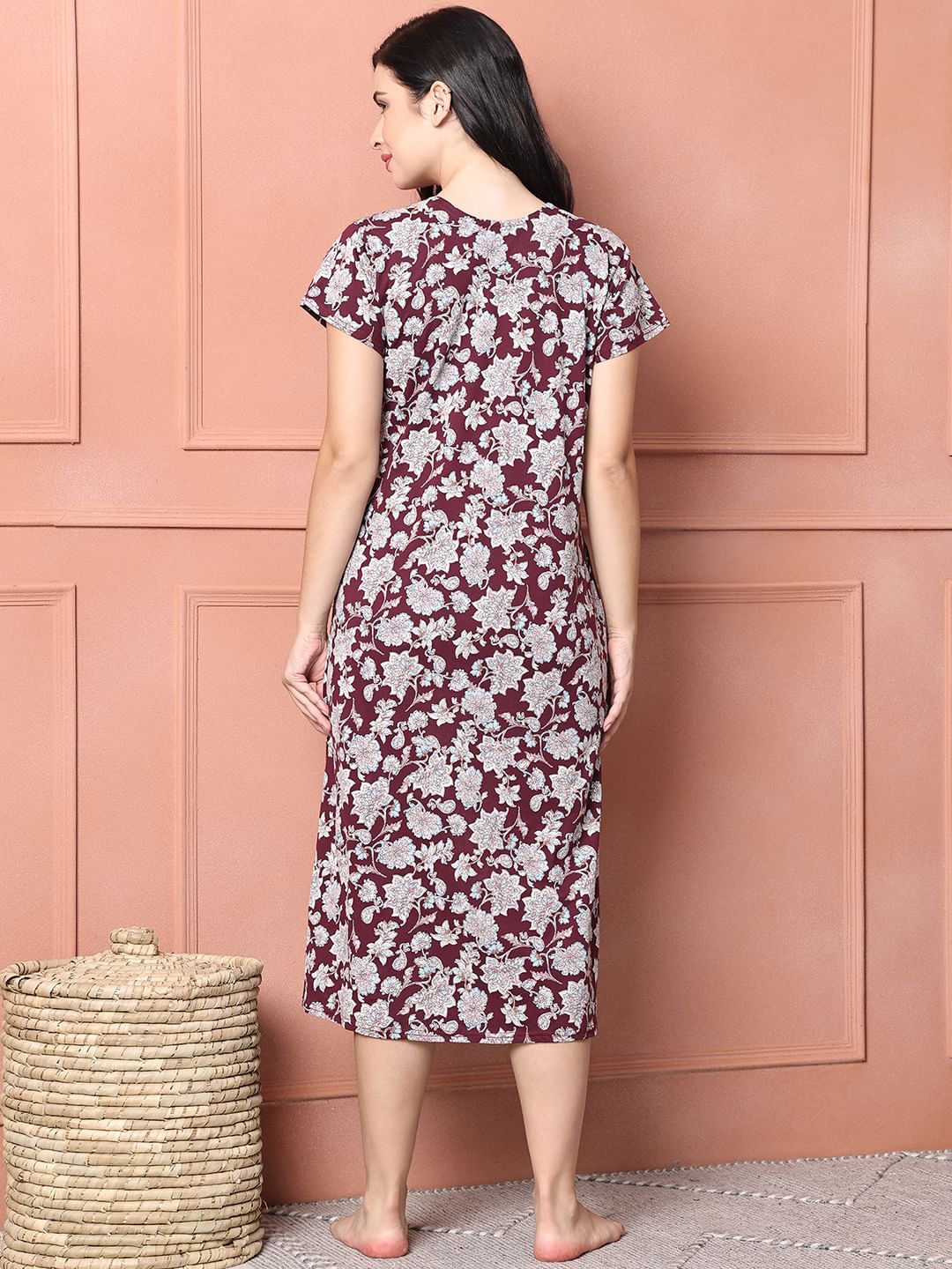 Floral Maroon Hosiery Short Maternity Feeding Nighty