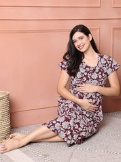 Floral Maroon Hosiery Short Maternity Feeding Nighty
