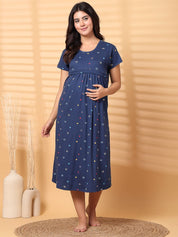 Navy Blue Floral Hosiery Short Maternity Nighty