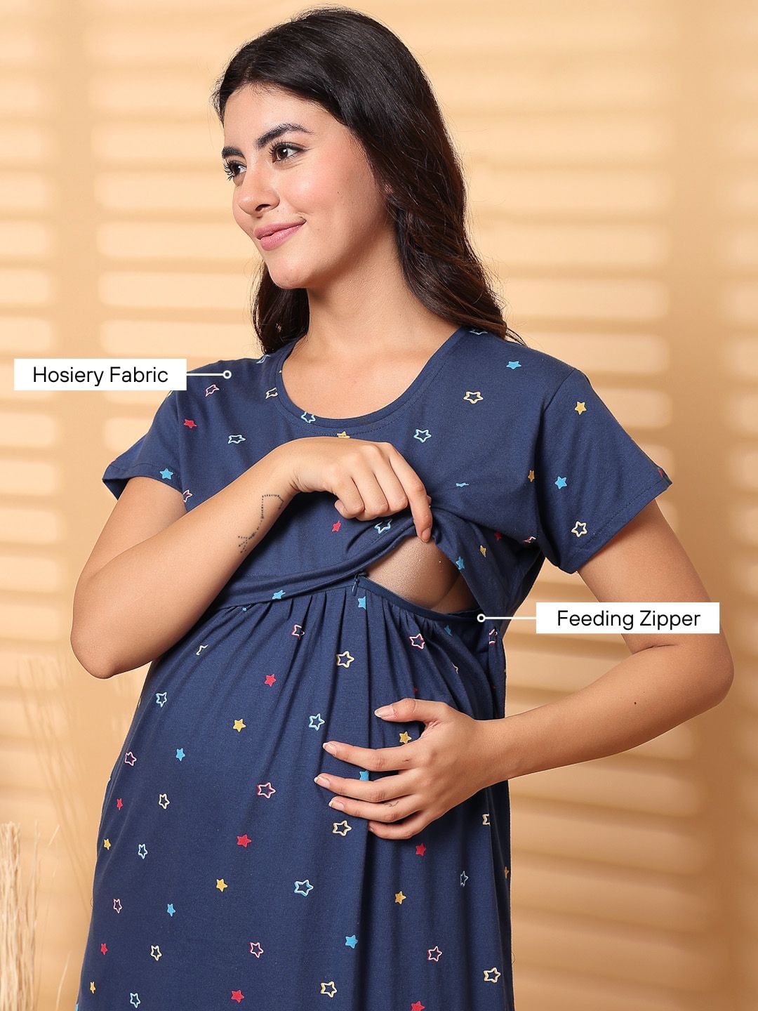 Navy Blue Floral Hosiery Short Maternity Nighty