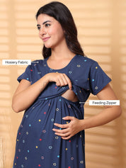 Navy Blue Floral Hosiery Short Maternity Nighty