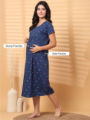 Navy Blue Floral Hosiery Short Maternity Nighty