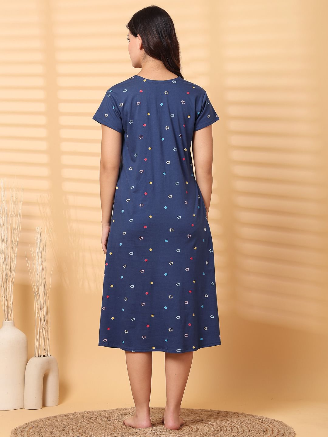 Navy Blue Floral Hosiery Short Maternity Nighty