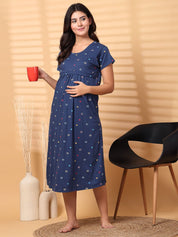 Navy Blue Floral Hosiery Short Maternity Nighty