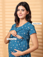 Blue Floral Hosiery Short Maternity Nighty