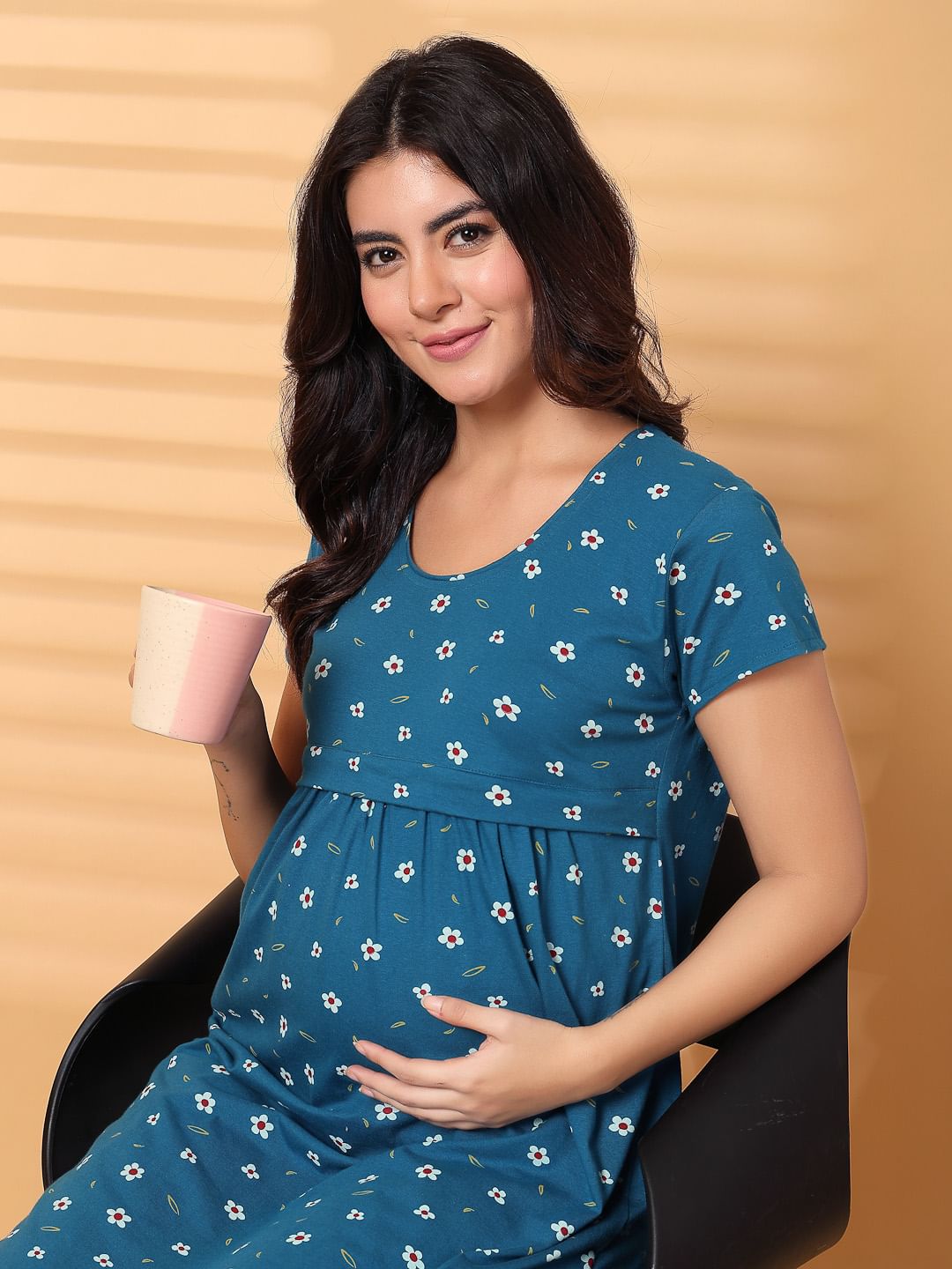Blue Floral Hosiery Short Maternity Nighty