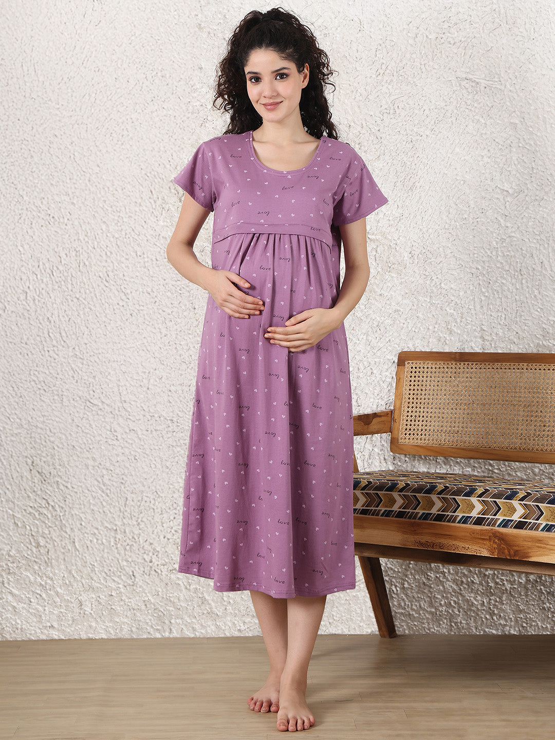 Secret Wish Purple Printed Hosiery Maternity Nighty