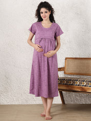 Secret Wish Purple Printed Hosiery Maternity Nighty