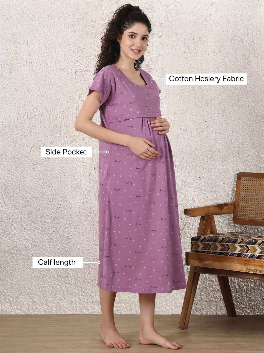 Secret Wish Purple Printed Hosiery Maternity Nighty