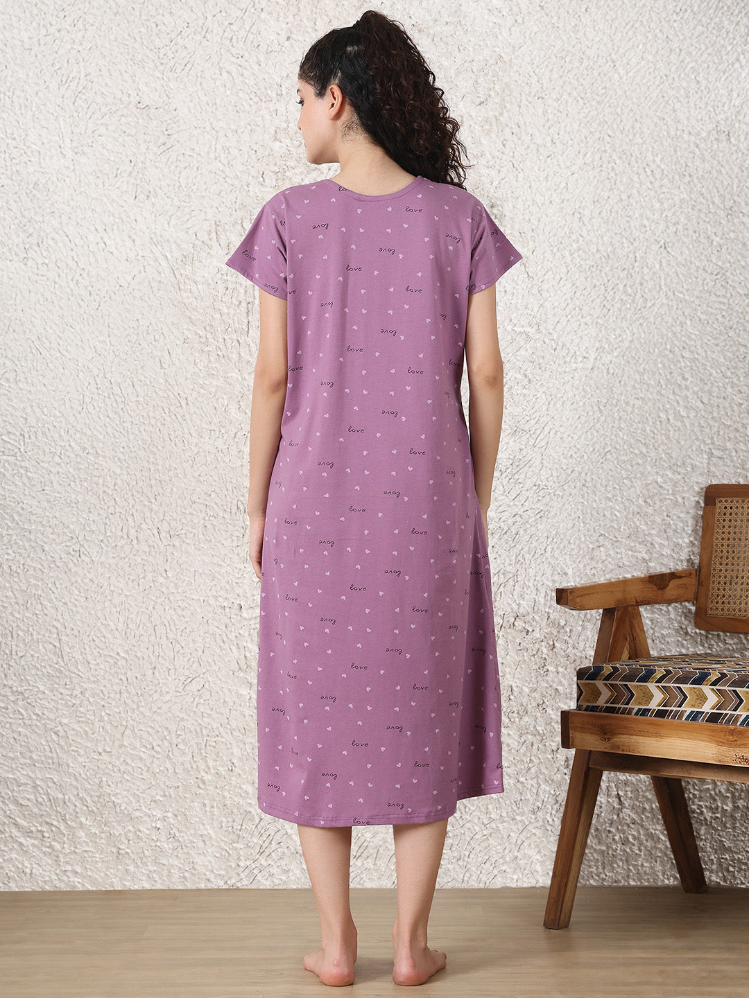 Secret Wish Purple Printed Hosiery Maternity Nighty