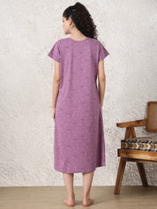 Secret Wish Purple Printed Hosiery Maternity Nighty