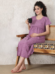 Secret Wish Purple Printed Hosiery Maternity Nighty