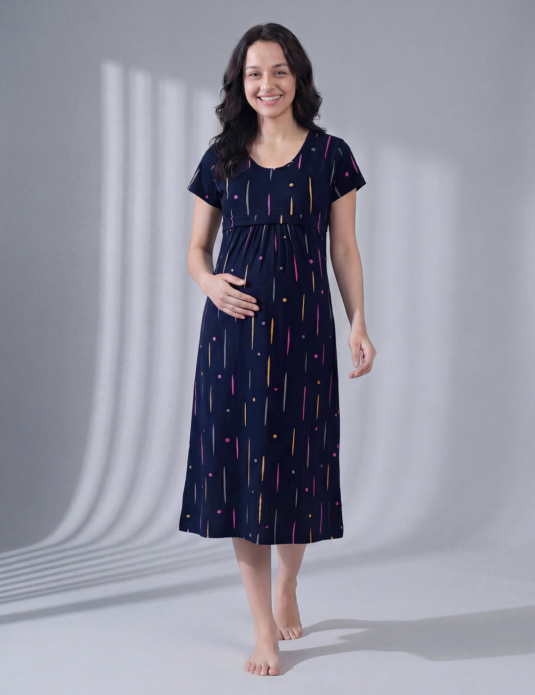 Navy Blue Printed Hosiery Maternity Nighty