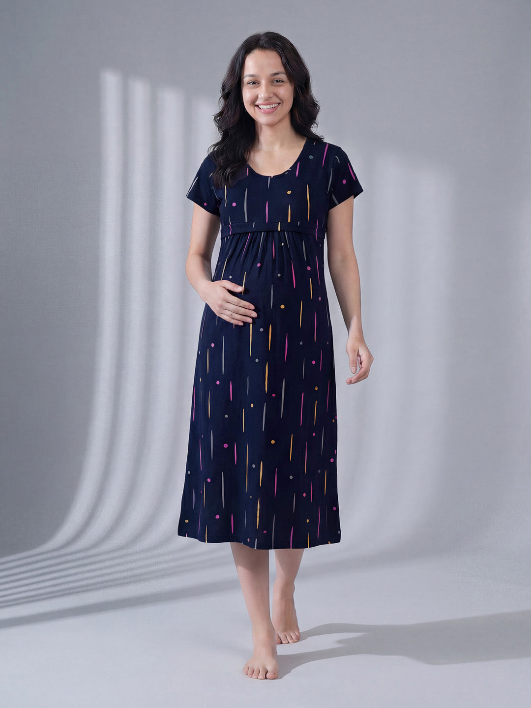 Navy Blue Printed Hosiery Maternity Nighty
