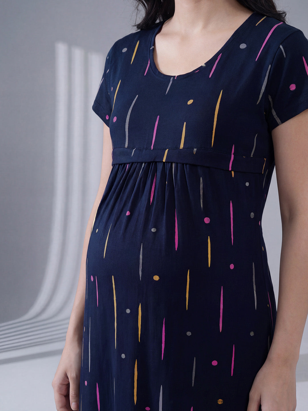 Navy Blue Printed Hosiery Maternity Nighty