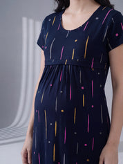 Navy Blue Printed Hosiery Maternity Nighty