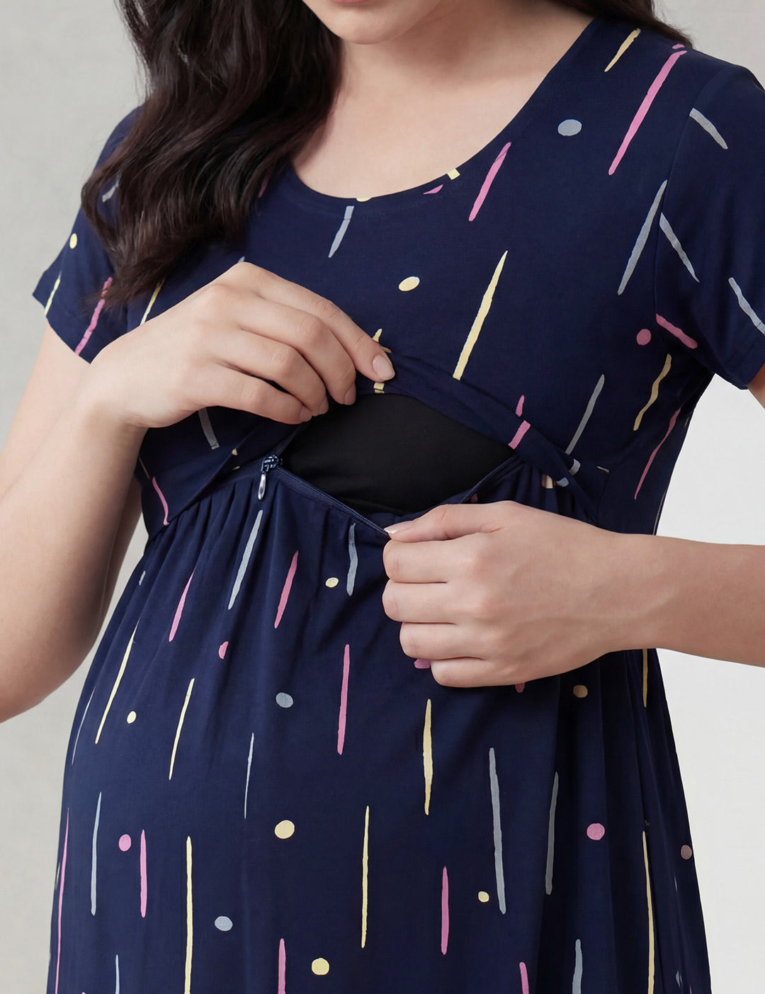 Navy Blue Printed Hosiery Maternity Nighty