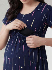 Navy Blue Printed Hosiery Maternity Nighty