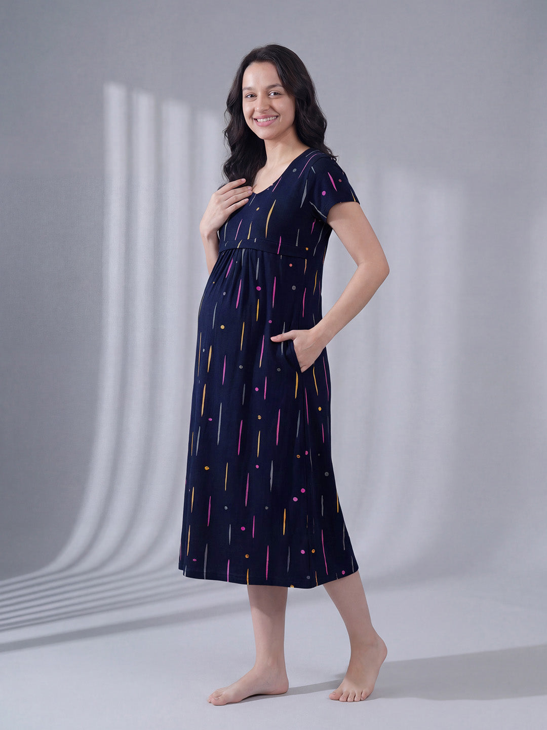 Navy Blue Printed Hosiery Maternity Nighty