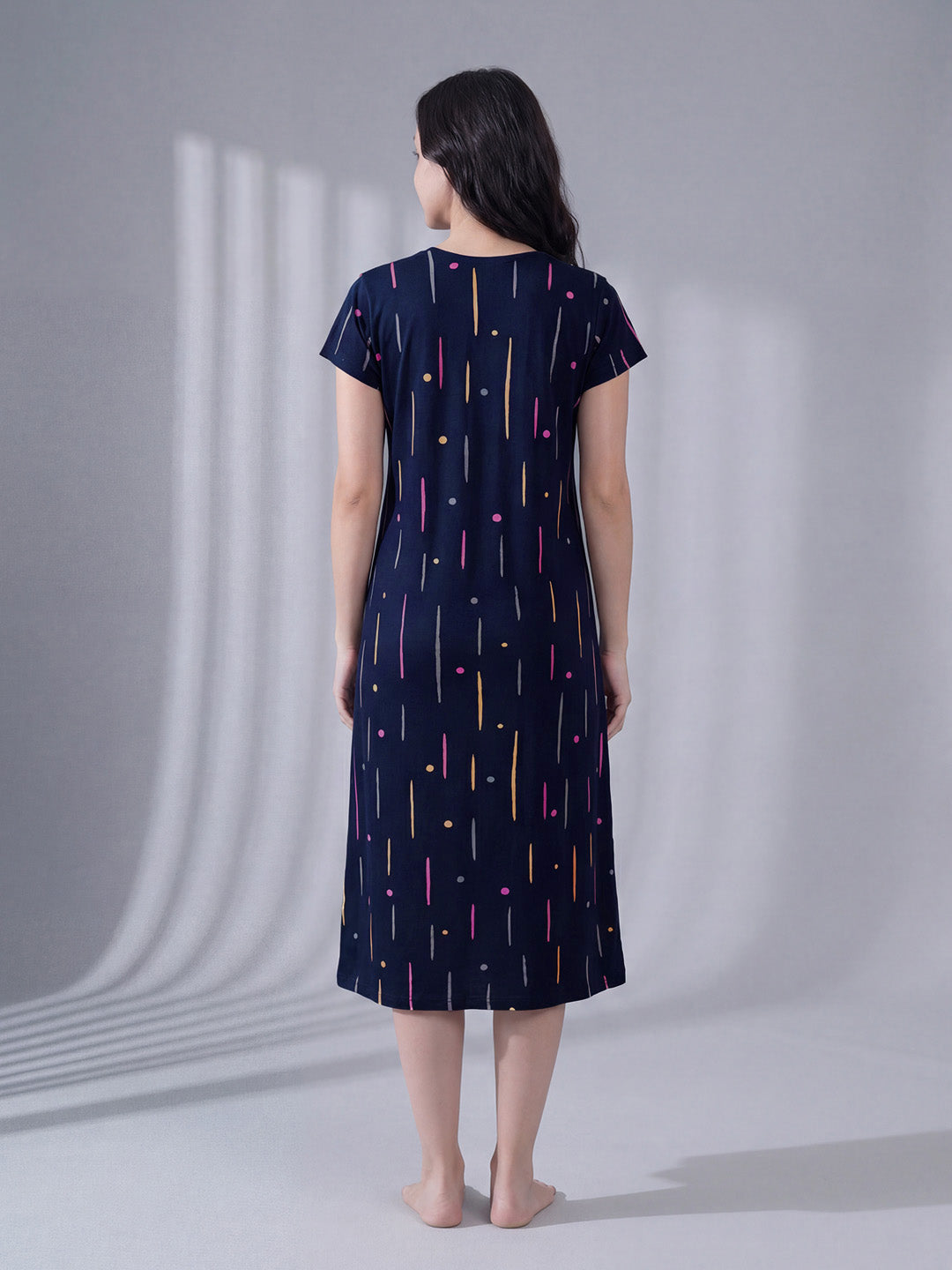 Navy Blue Printed Hosiery Maternity Nighty