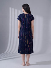 Navy Blue Printed Hosiery Maternity Nighty